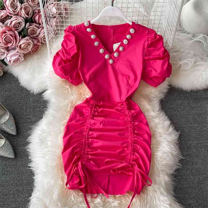 

Chic Pearls Decoration V-neck Puff Short-sleeve Mini Dress Women Fashion Summer Slim Ruched Drawstring Bodycon Party 210603, Rose pink