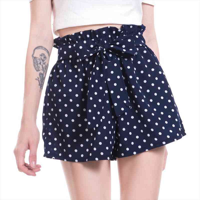 

Belted Ruffle Waist Printed Dots Boho Shorts Women Navy High Waist Loose Bottom Shorts Summer Beach Casual, White;black
