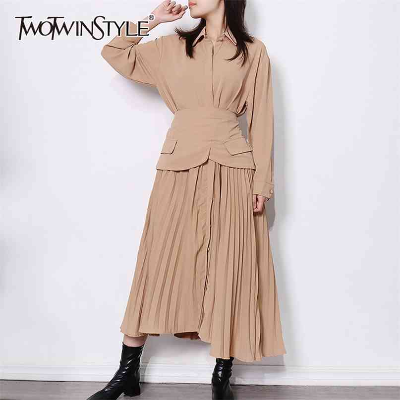 

White Lace Up Bowknot Shirt Dress For Women Lapel Long Sleeve Pleated Maxi Dresses Female Spring Fashion Style 210520