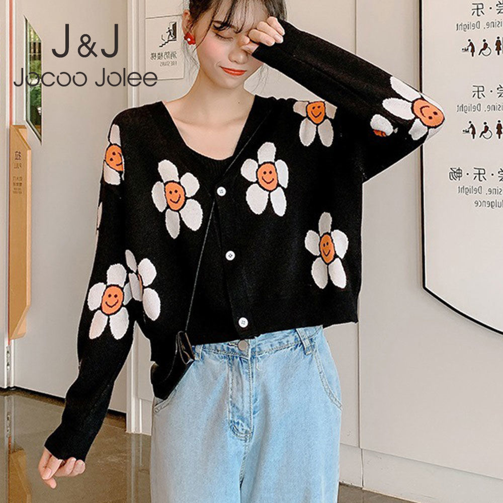 

Jocoo Jolee Autumn Elegant Chic Loose Sweater Coat Women Korean Floral Print V Neck Knitted Cardigans Thick Knit Jackets 210518, Green