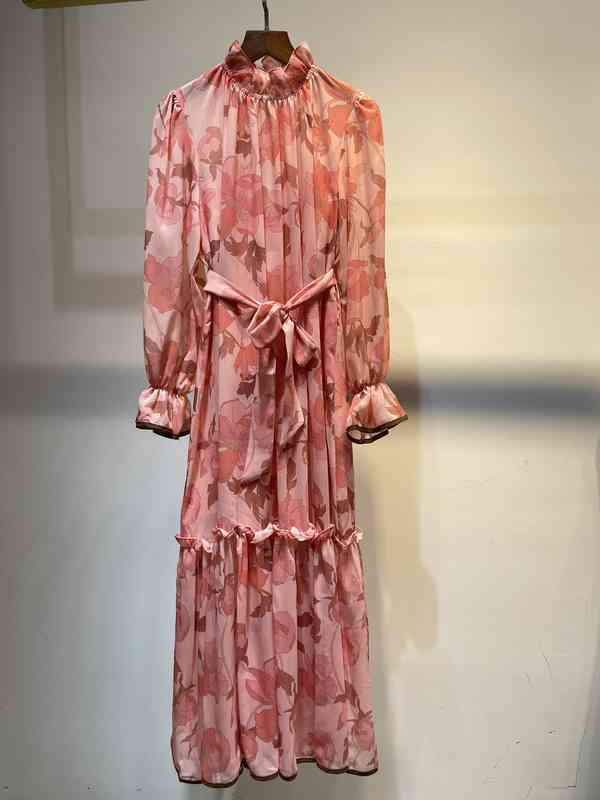 

Casual Dresses European Milan town French high end stand collar waist lace up trumpet sleeve pink print dress 3Q7C, Multi