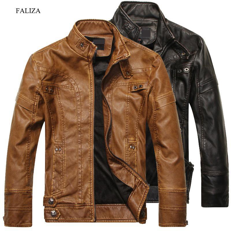 

Men's Fur & Faux FALIZA Winter Leather Jackets Motorcycle PU Men And Coats Slim Fit Mens Brand Clothing JK136, Black