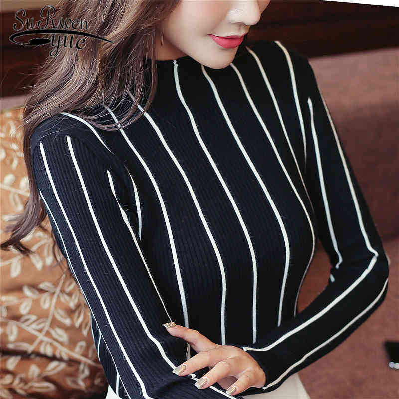 

Causal Sweaters Autumn and Winter Striped Women Sweater Bottom Shirt Women's Tops Pullover Turtleneck Female 1326 80 210521, Black striped