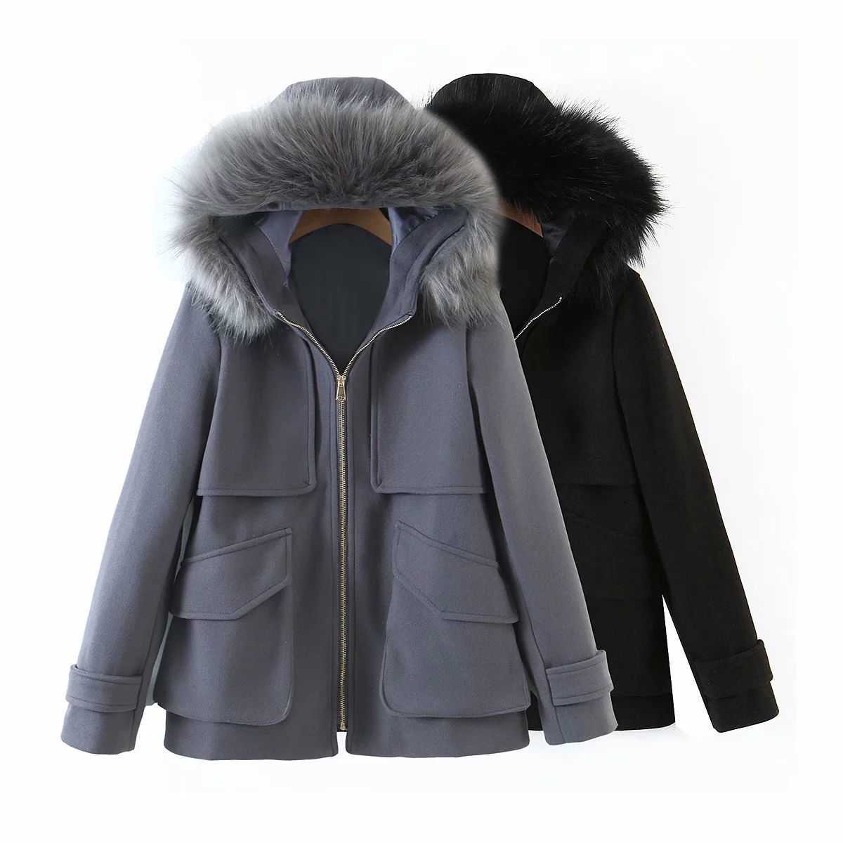 

Fall Winter Women Jacket Faux Fur Collar Hooded Coat Thick Warm Fashion High Street Woman Outfits Tops 210709, Grey blue