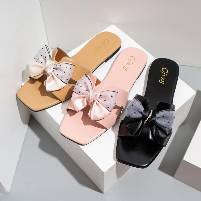 

Slippers Women Cute And Elegant Bow Rhinestone Design Flat Female Sandals PU Solid Color Casual Set Foot Woman Shoes, Black