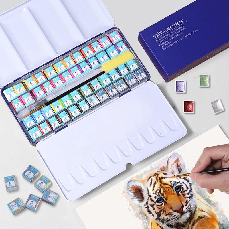 

Gift Sets 24/36/48 Colors Artist Watercolor Paint Set Contains Pearlescent Color With Brush In A Portable Metal Box