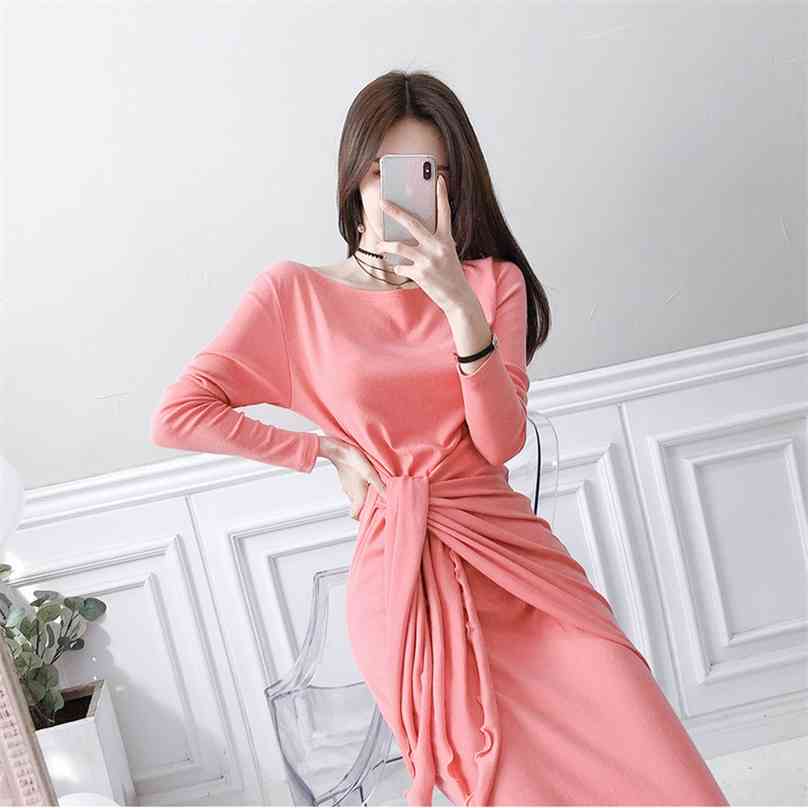 

Spring Korean fashion style elegant and thin lace sexy round collar long sleeve office party for women dresses 210602, Pink