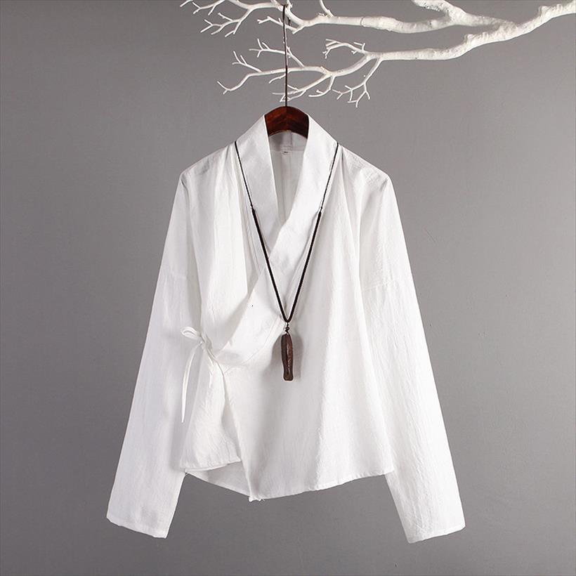 

chinese style retro autumn cotton women shirts linen lace up long sleeve solid loose tea blusas female, White