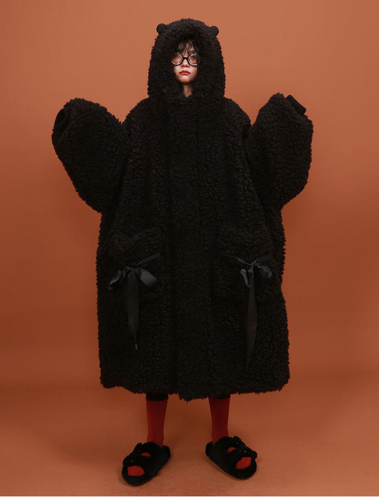 

Original black warm bowknot plus size lamb wool padded cotton jacket female winter long plush bear ears fashion jacket Thick, Tan;black