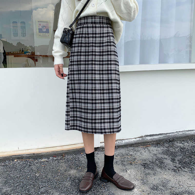 

Spring Autumn Korea Fashion Women High Waist Long Pencil Skirt All-matched Casual Elegant Slim Plaid Skirts Femme V276 210608, Black