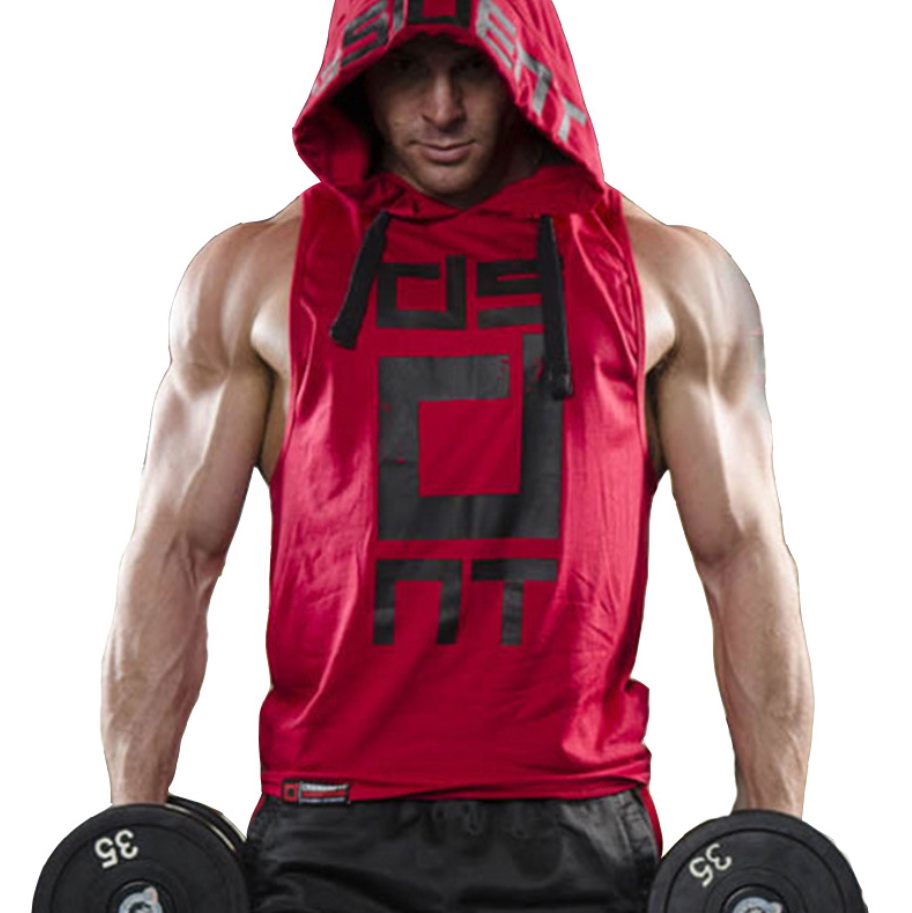 

Men Tank Tops Gyms Clothing Fitness Sleeveless hoodies Vests Cotton Singlets Muscle Men Joggers vest Bodybuilding Clothing, Red
