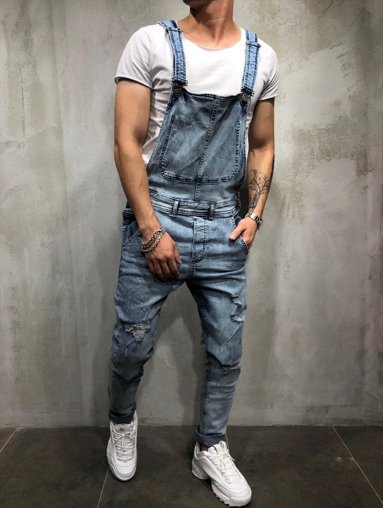 

distressed denim carpenter overalls bib women pants jumpsuits moto jeans winter for men punk streetwear, Black