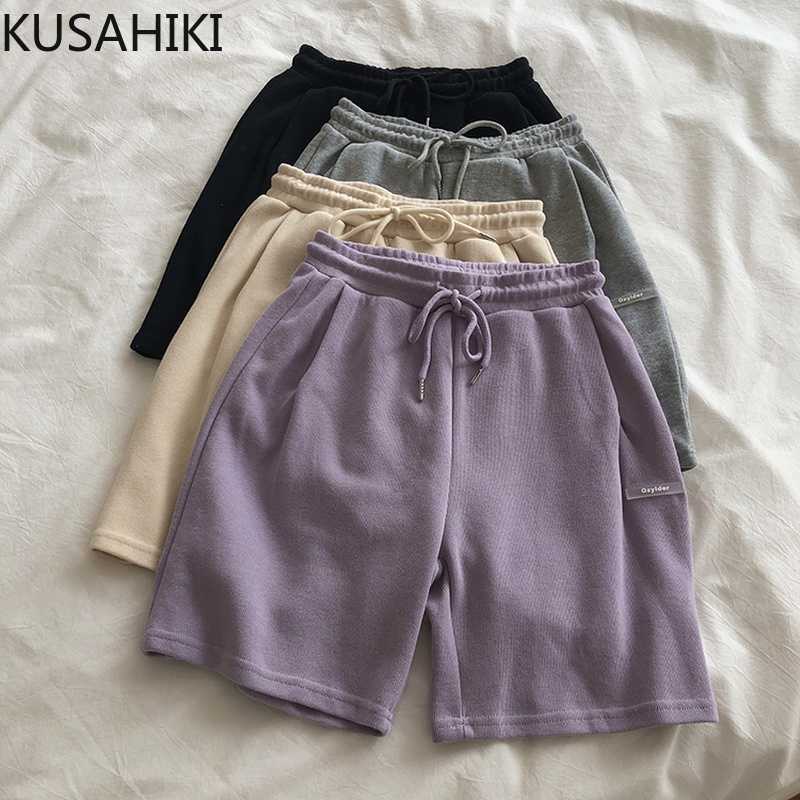 

Women Shorts Lace Up Stretch High Waist Causal Bottoms Summer Solid Korean Wide Leg Short Feminimos 6G395 210603, Apricot