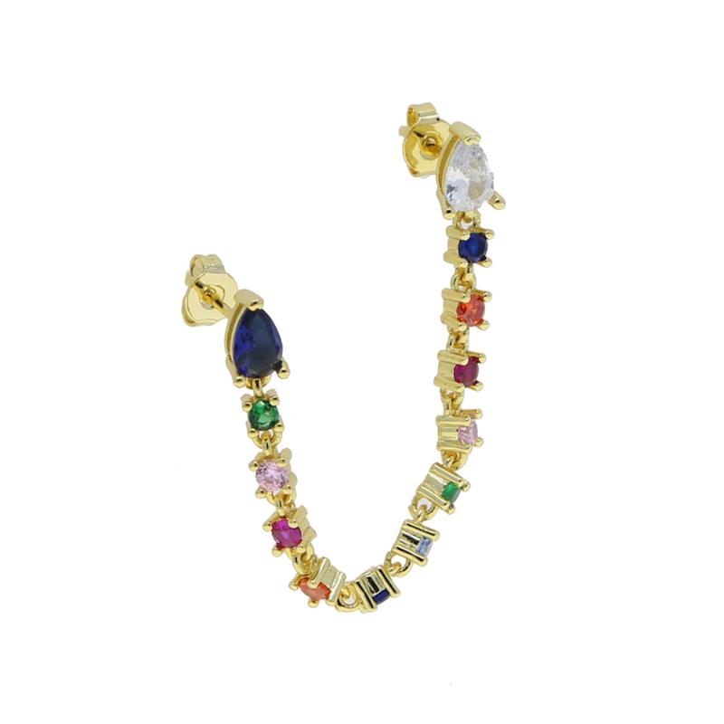 

Stud Gold Silver Color Multi Piercing Luxury Rainbow Sparking 5A CZ Station Long Tassel Chain Vermeil Jewelry Fashion Women Earring, Golden;silver