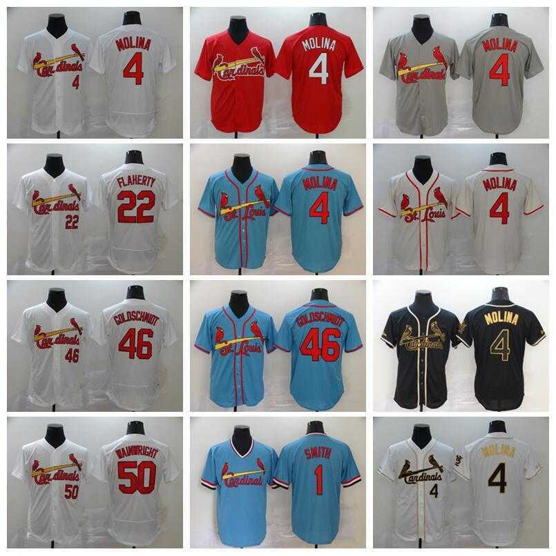 

Men 2020 Baseball 4 Yadier Molina Jersey 46 Paul Goldschmidt 1 Ozzie Smith 50 Adam Wainwright Red White Grey Blue, 4 grey