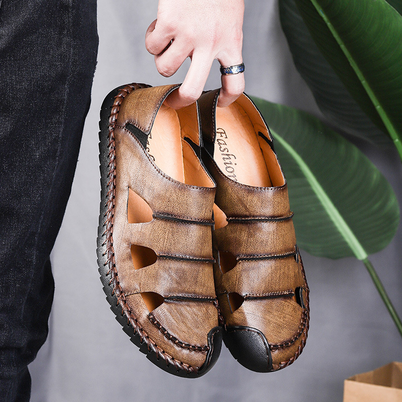 

Slippers Large size men's shoes summer sandals Baotou super fiber leather leisure driving hollow out SXLJ, 1# shoe box