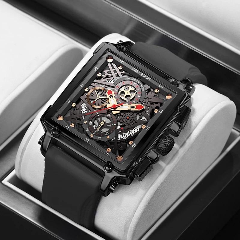

Wristwatches LIGE 2021 Mens Watches Top Waterproof Quartz Square Watch For Men Date Sport Hollow Clock Male+Box Reloj Hombre, Slivery;brown