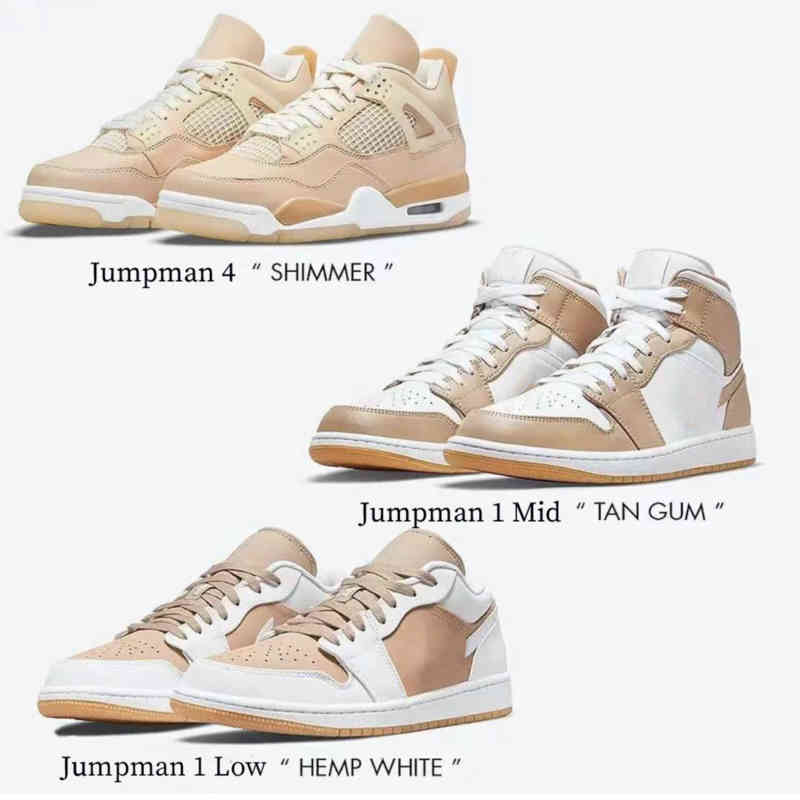 

2021 TOP Quality Jumpman 1 Low 4 Mid Basketball Shoes Shimmer Tan Gum Hemp White Brown Men Women Outdoor Jogging sneaeker DJ0675-200, 01