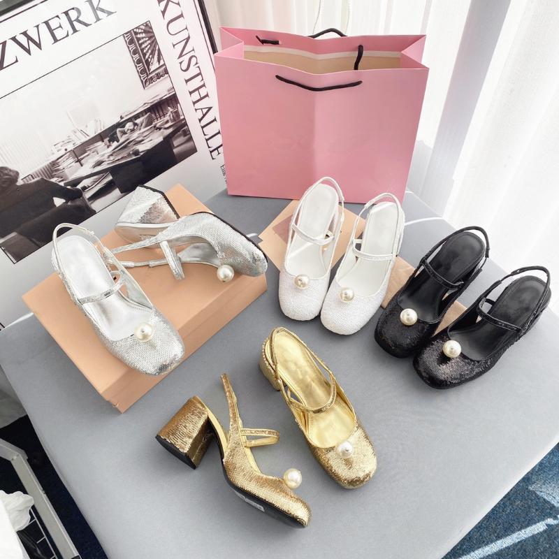 

Dress Shoes Half Cap Spring Autumn Sandals Women Sweet Thick Heel 2021 Pearl Mid-High All-Match Gentle Mary Janes Single, As picture