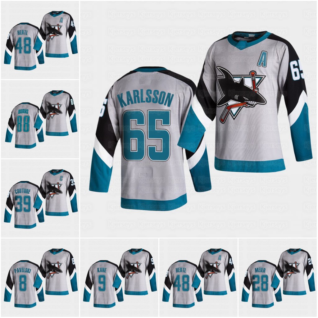 

San Jose Sharks 65 Erik Karlsson 2021 Reverse Retro Jersey 88 Brent Burns 31 Martin Jones 19 Joe Thornton 9 Evander Kane 8 Pavelski 48 Thoma, Black;red