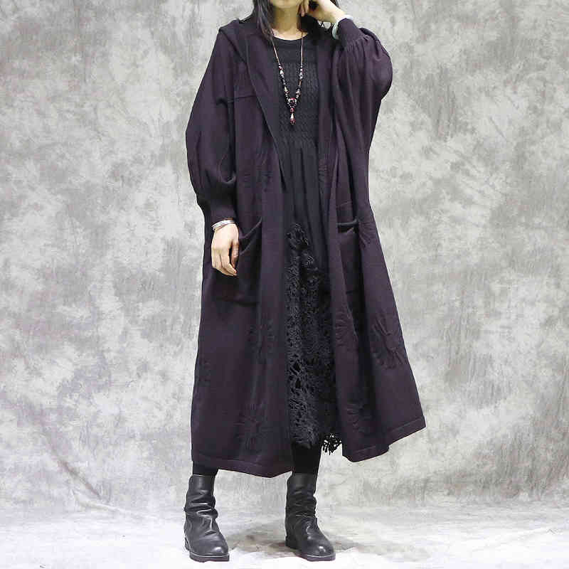 

Johnature Women Hooded Sweaters Jacquard Vintage Coats Puff Sleeve Spring Pockets Long Clothes Solid Color Sweaters 210521, Coffee