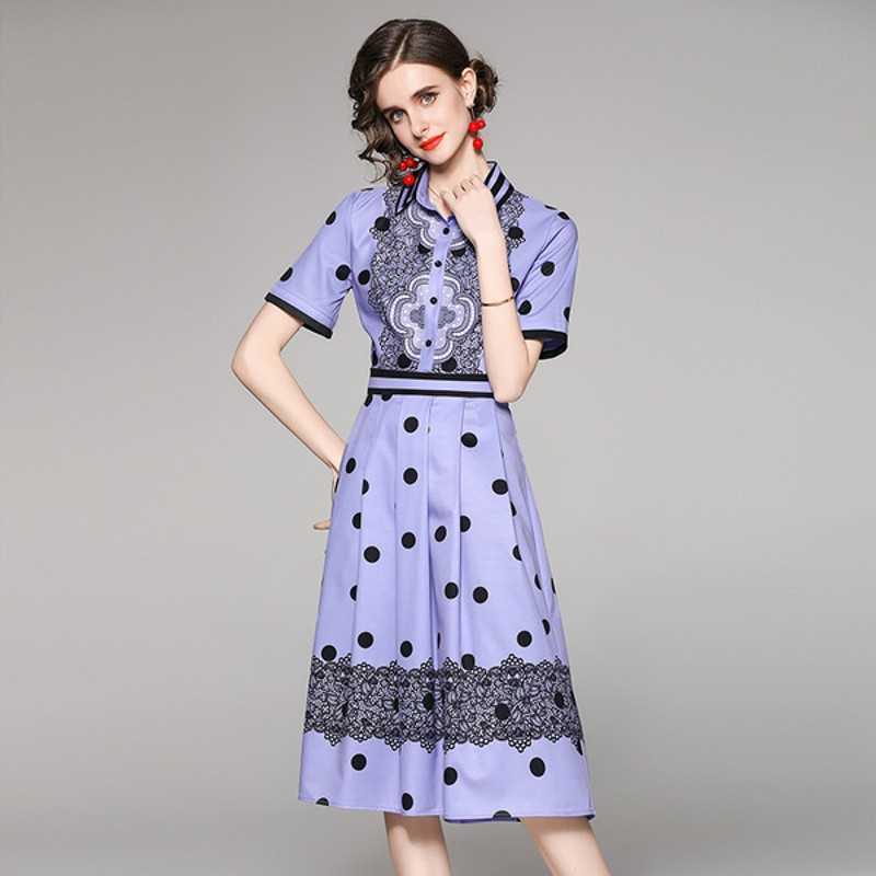 

Vintage Summer High Waist Polka Dot Pleated Midi Dress Elegant Turn Down Collar Single Breasted Casual Slim Dresses 210526, Photo color