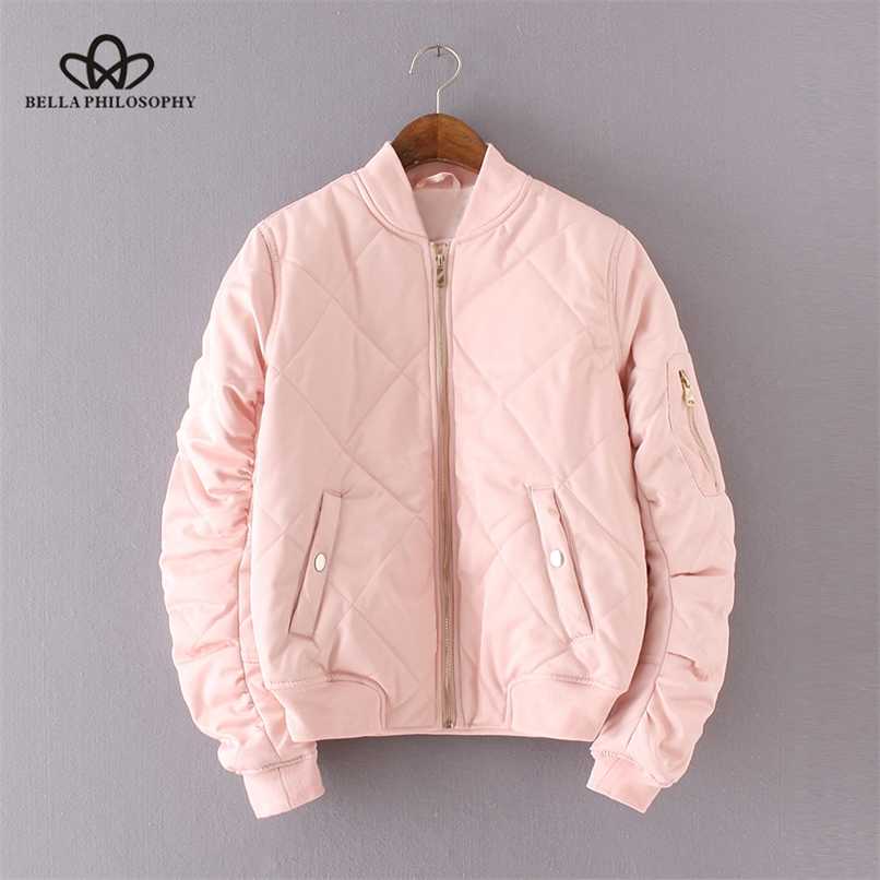 

Bella Spring Autumn Quilting Bomber Jacket Women Coat Zipper Long Sleeve Jacket Cotton-padded Pink Outwears 211109, Thin black