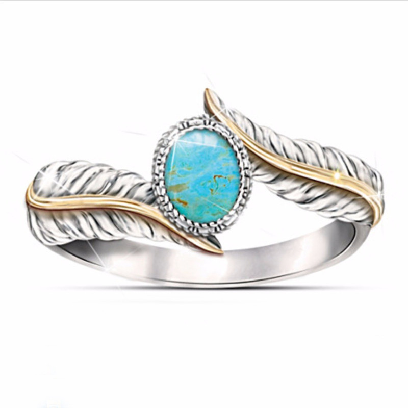

luxury turquoise feather ring new platinum color separation engagement ring jewelry, Slivery;golden