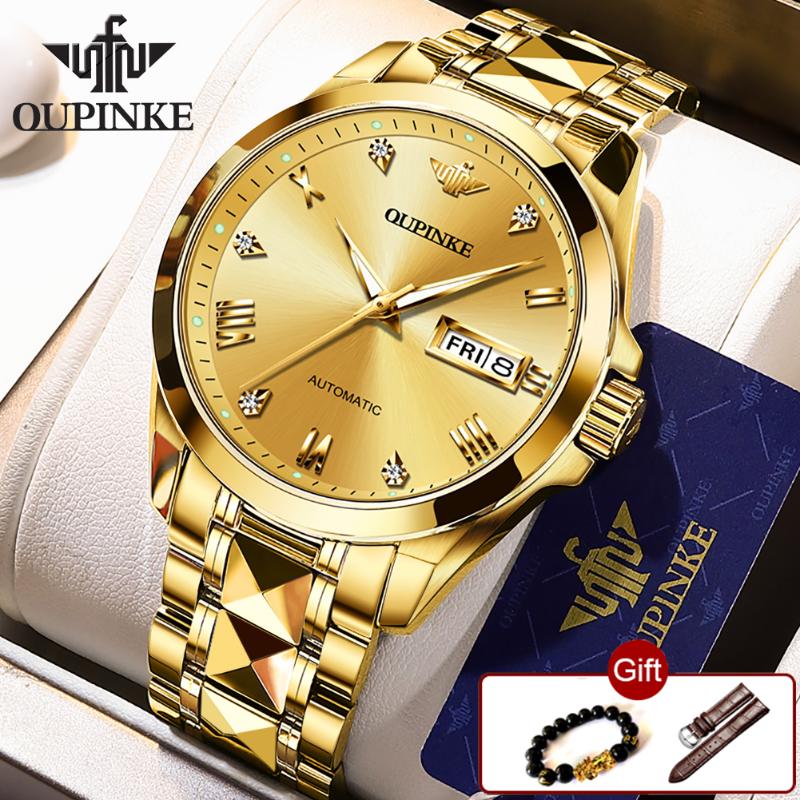 

Wristwatches OUPINKE Luxury All Gold Watch Men Automatic Mechanical Sapphire Waterproof Sports Top Brand Wrist Watches Relogio Masculino, Gold-green