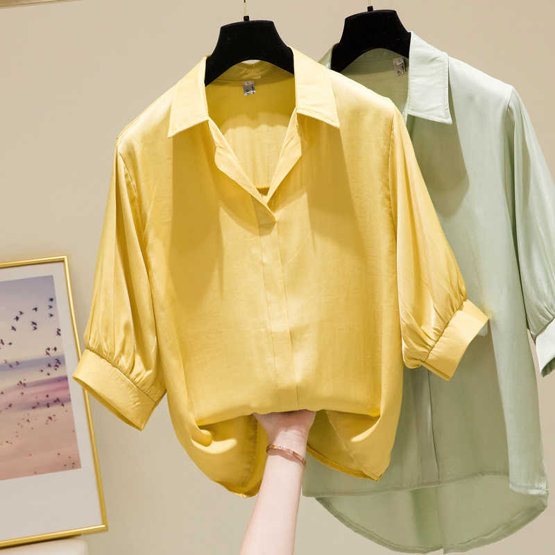 

Summer Women Blouse Korean 3/4 Sleeve Womens Tops And Blouses Vintage Women Shirts Blusas Roupa Feminina Loose Tops Spring 210604, Green