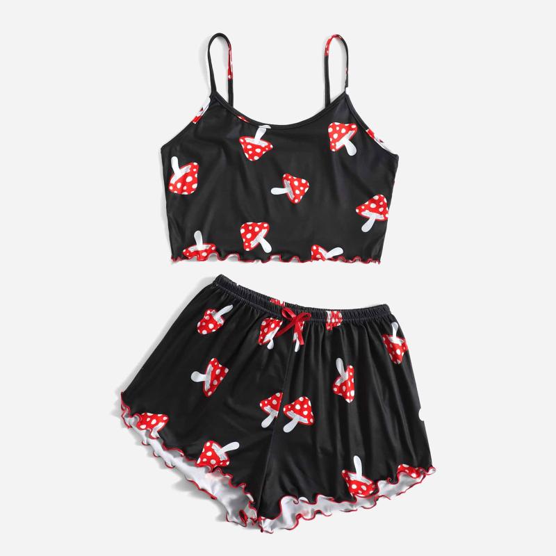 

Men's Sleepwear 40# Women Summer Cartoon Print Shorts Pajama Sets Female Sexy Sleevless Camisole Crop Vest+elastic Waist Short Pants, Black;brown