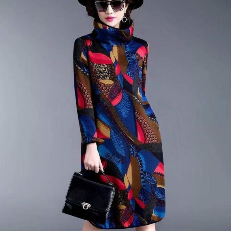 

Winter Warm Knitted Dress Women Long Sleeves Mini Vintage Printed Autumn Turtleneck Sweater Womens Sweaters 210603, Blue