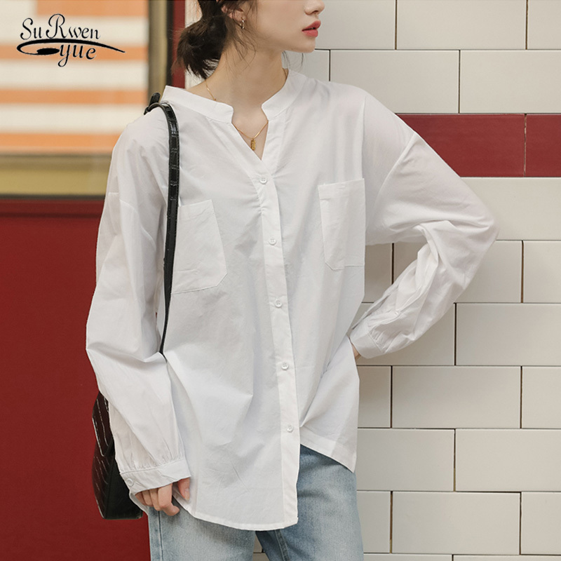 

Plus Size Loose Long Sleeve Shirts Korean Chiffon Blouse Female Women Office Lady Simple Style Tops Clothes Blusas 10065 210521, White