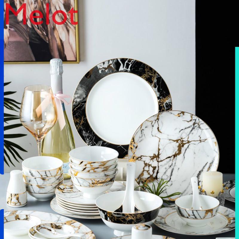 

Jingdezhen High-grade Bowl And Dish Set Household Nordic Net Red Gold Border Marble Bone China Plate Tableware Bowls