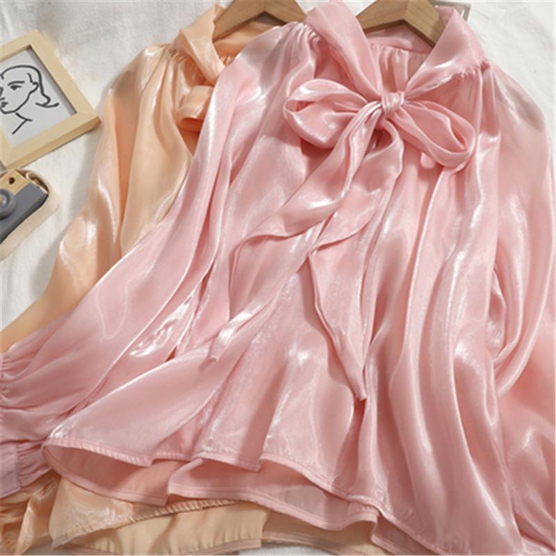 

Women's Blouses & Shirts Korean Fashion Bow Stand Collar Temperament Shiny Women Shirt Long Sleeve Tops 2022 Autumn All-match Woman Y6346, White