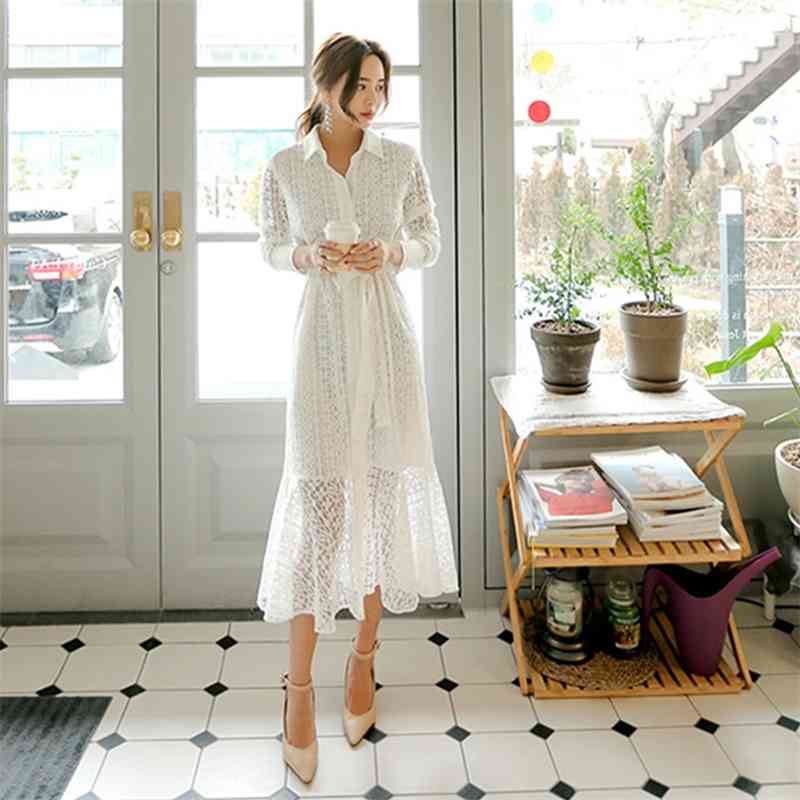 

Autumn Winter Elegant Temperament Single-breasted Hook Flower Hollow Long Dress sleeve Pleated Mermaid 210520, Photo color