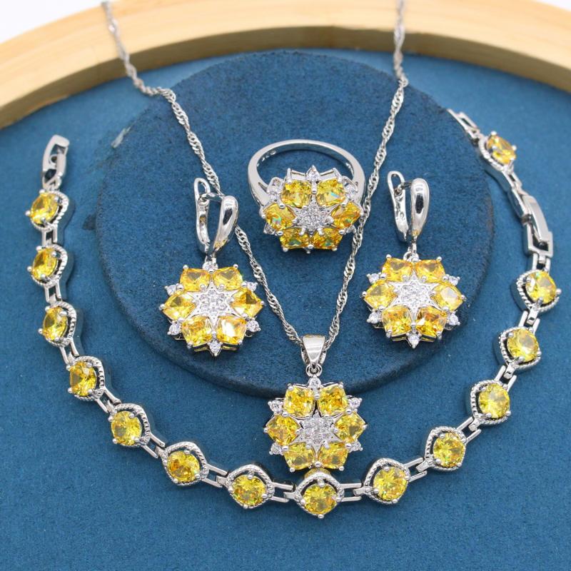 

Earrings & Necklace Yellow Zirconia Silver Color Jewelry Sets For Women Birthday Party Bracelet Ring Gift Box