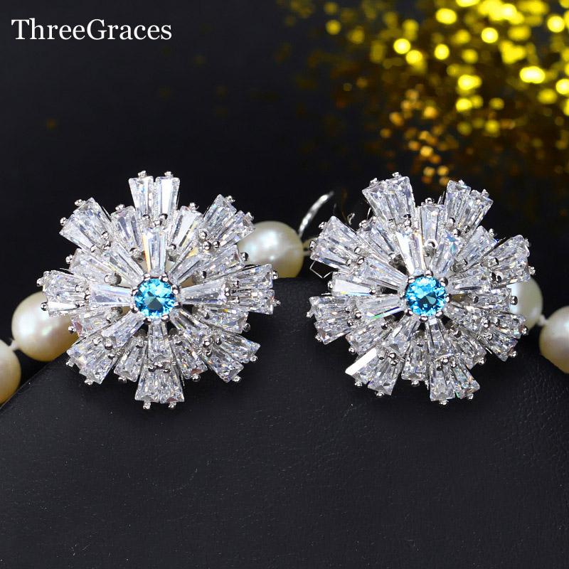 

Stud ThreeGraces Glowing CZ Jewelry Silver Color Snowflake Cubic Zirconia Stone Light Blue Crystal Big Earrings For Women ER063, Golden;silver