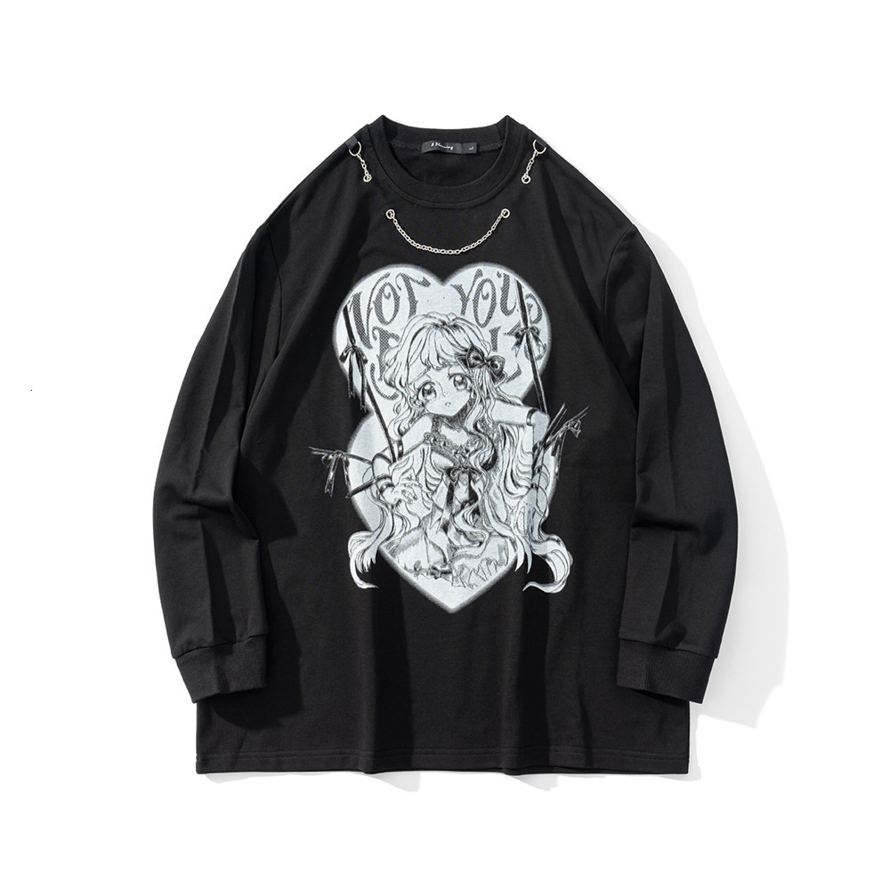 

Sweatshirts Cartoon cartoon printed sweater no hat mens high street fashion brand Necklace decoration loose round neck long sleeve top Hoodie, Black