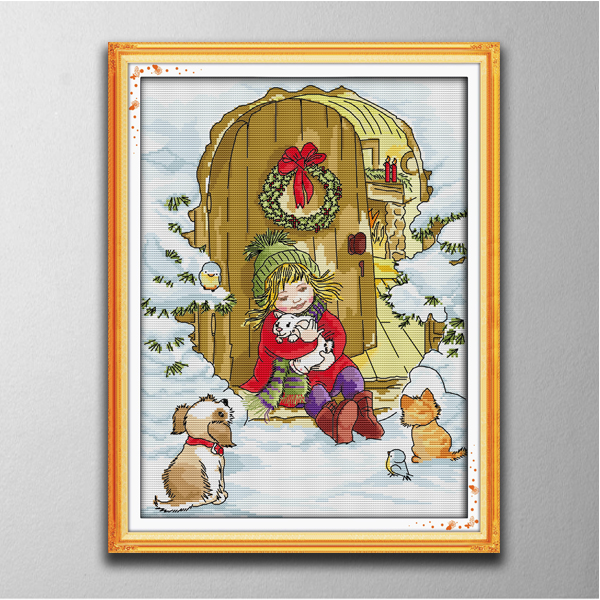

Girls and animals on Christmas Eve home decor paintings ,Handmade Cross Stitch Craft Tools Embroidery Needlework sets counted print on canvas DMC 14CT /11CT