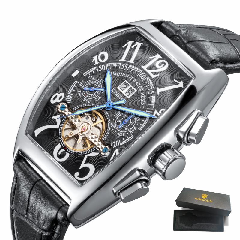 

Wristwatches Brand KIMSDUN Luxury Fashion Men Tonneau Date Display Casual Luminous Automatic Mechanical Tourbillon Watch Clock Leather Strap, Black