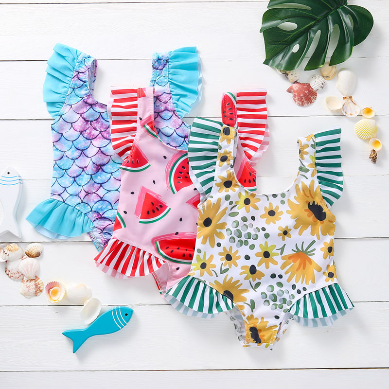 

Children One-Pieces Clothing Mermaid Watermelon Sunflower Swim Sandy beach Floral Fish scales Fruit print Swimwear baby girls ruffle swimsui, Black