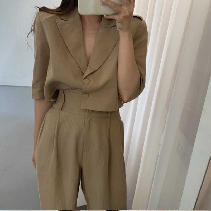 

Korean Summer Fashion 2 Piece Set Women Elegant Short Blazer + High Waist Wide leg Pants Female Outfit 210526, Photo color