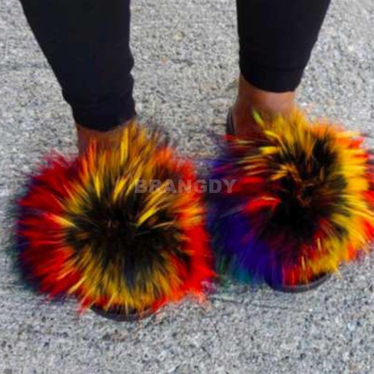 

Summer Ladies Colorful Fur Fluffy Slippers Women's Lovely Plush Real Hair Slides Party Furry Flip Flops Sandals, Black