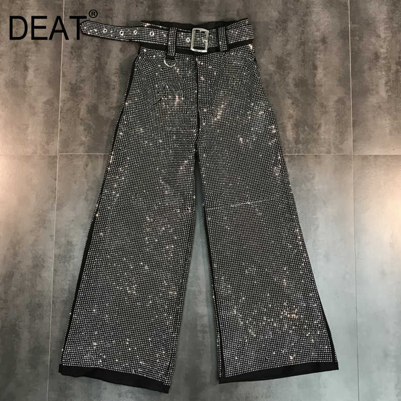 

DEAT Women Black Diamond Patch Belt Personality Wide Leg Pants Arrivals Fashion Temperament Spring Summer 11D862 210709