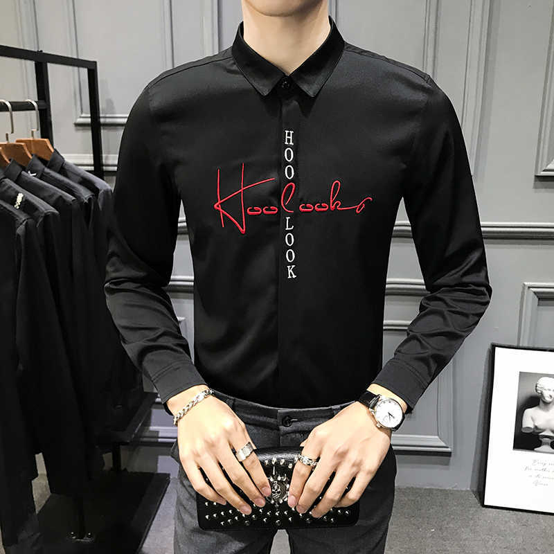 

Men Shirt Autumn Embroidery Letters Long Sleeve Casual dress Shirts Slim Fit Social Party Streetwear camisas para hombre 210527, White