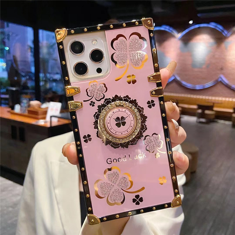 

Four Leaf Clover Rhinestone Ring Holder Shockproof Cell Phone Cases for iPhone 13 12 11 Pro Max XR XS 8 7 Plus For Samsung Galaxy S21 Ultra Note 20Ultra, Choose color please remark