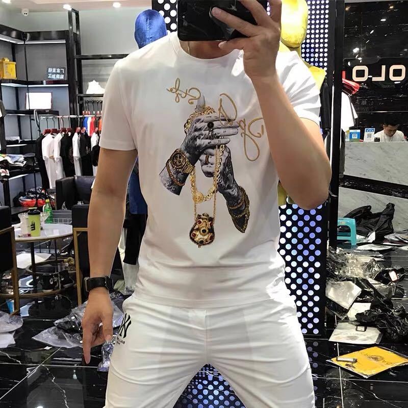 

Men's Hoodies & Sweatshirts selling fashion printing rhinestones short sleeve T-shirt designer casual slim men's bottoming 3TJM, 1# packing bag