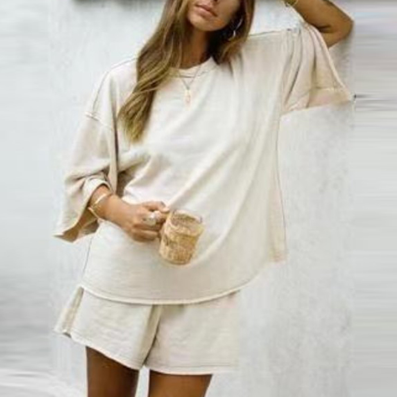 

Summer Loose Casual Solid Women Shorts Set Drop-shoulder Tshirt And Short Trousers Match Females Tracksuit Fashion Vacation 210518, As pictures