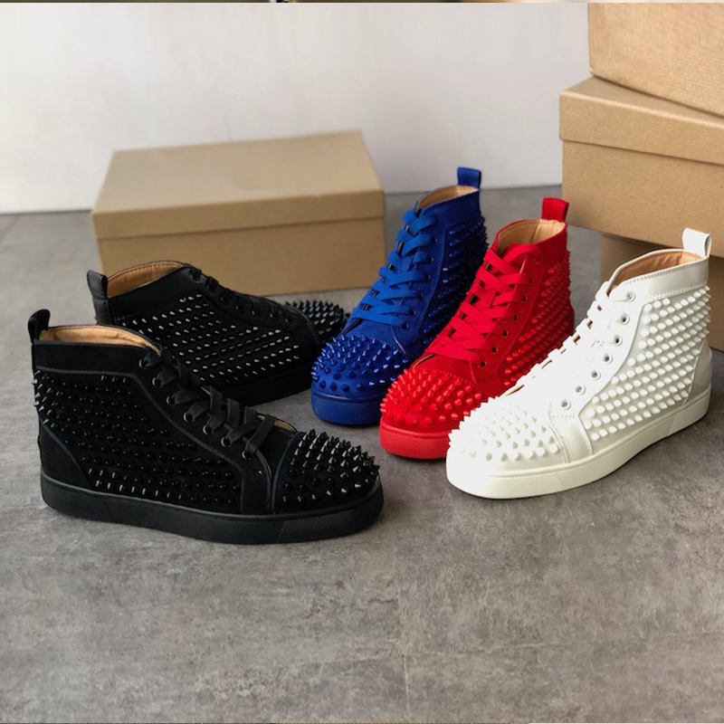 

2020 Spikes Red bottom Sneakers mens shoes Leather casual trainers shoes Pik Studded Sneakers Fashion Party Wedding Shoes with box, Color 1